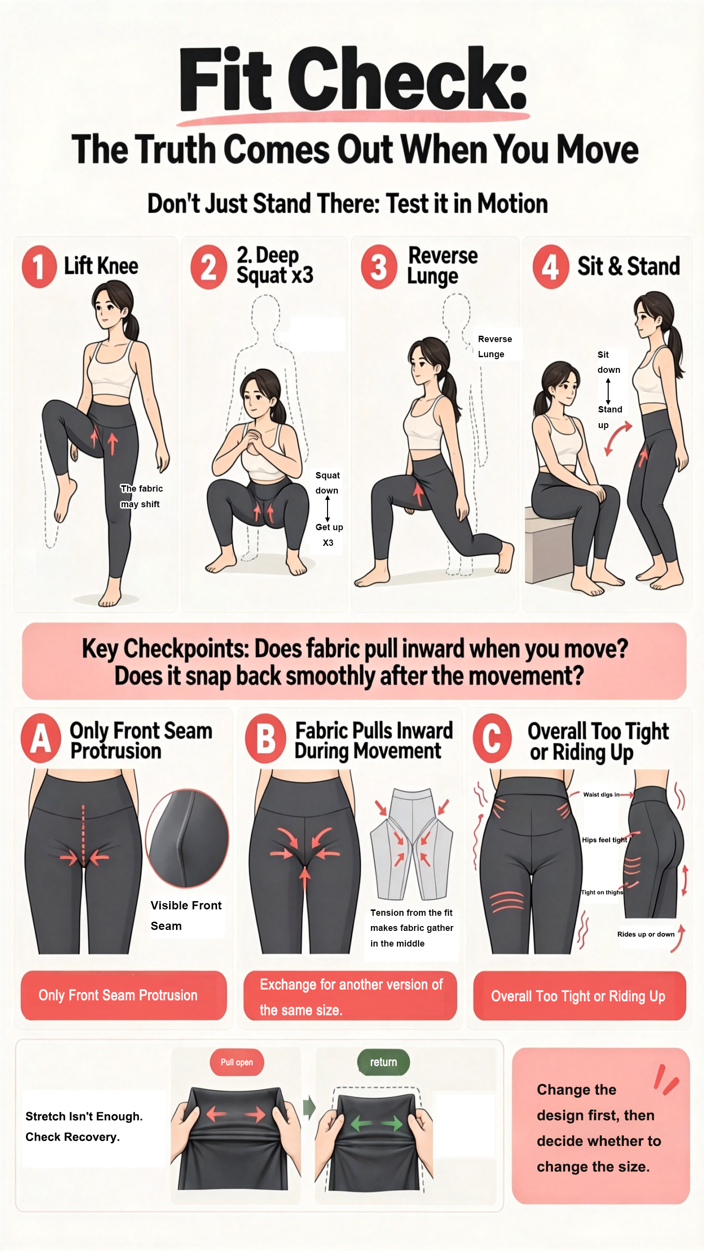 Fit check guide: lift knee, 3x deep squats, reverse lunge, and sit and stand, with the checkpoints to watch for
